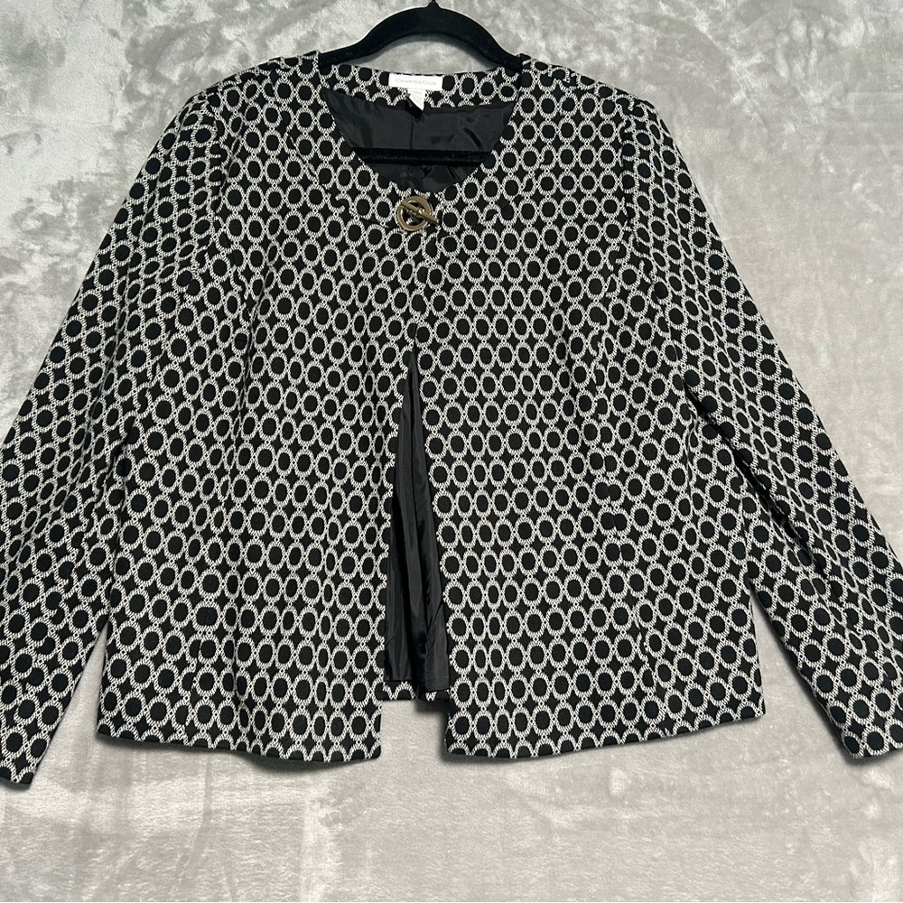 Charter Club Open Front Jacket Women’s Large Black Geometric Gold